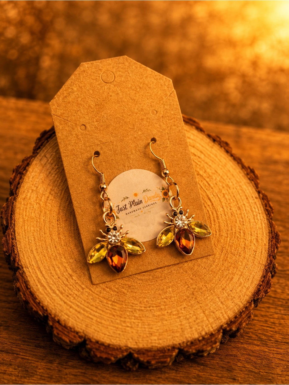 Amber Bee Rhinestone Earrings Crystal Bumble Bee Dangles Gold